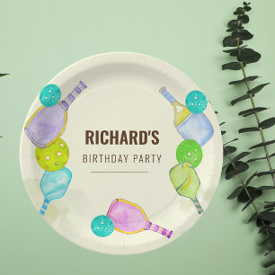Watercolor Theme Pickleball Sports Birthday Party Paper Plate