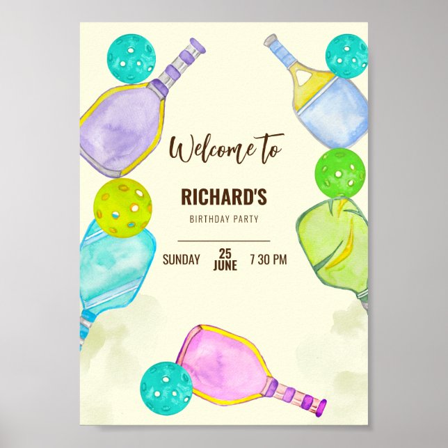 Watercolor Theme Pickleball Sports Birthday Party Poster (Front)