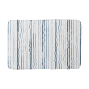 Watercolor Thin Stripes, Slate Blue, Grey, White Bath Mat