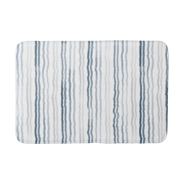Watercolor Thin Stripes, Slate Blue, Grey, White Bath Mat (Front)