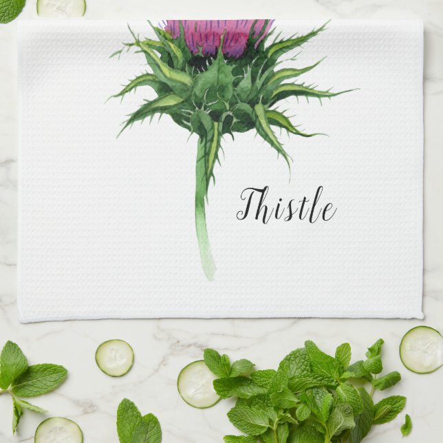 Watercolor Thistle Botanical  Kitchen Towel (Folded)