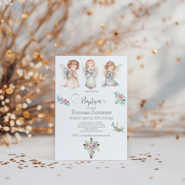 Watercolor Three Angels Baby Baptism Invitation (Creator Uploaded)