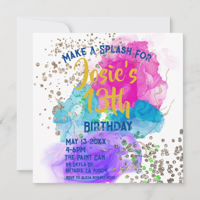 Watercolor Tie Dye Paint Splash Birthday Invitatio (Front)
