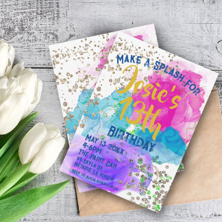 Watercolor Tie Dye Paint Splash Birthday Invitation