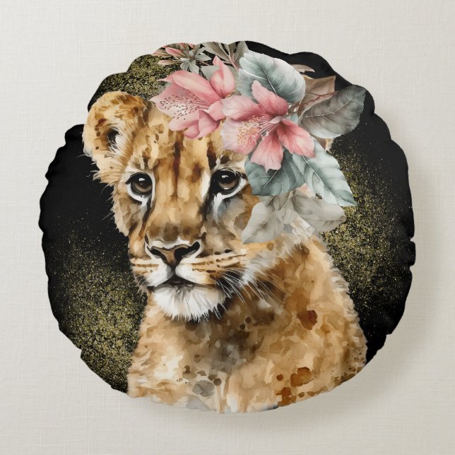 Watercolor Tiger Floral Art Round Pillow (Front)