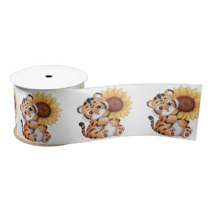 Watercolor Tiger Hugging a Sunflower Satin Ribbon