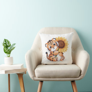 Watercolor Tiger Hugging a Sunflower Throw Pillow