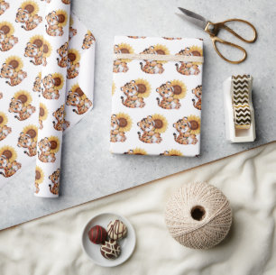 Watercolor Tiger Hugging a Sunflower Wrapping Paper