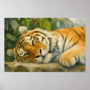 Watercolor Tiger Resting in Lush Greenery Poster