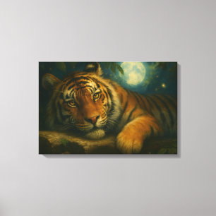 Watercolor Tiger Resting in Night Forest Canvas Print