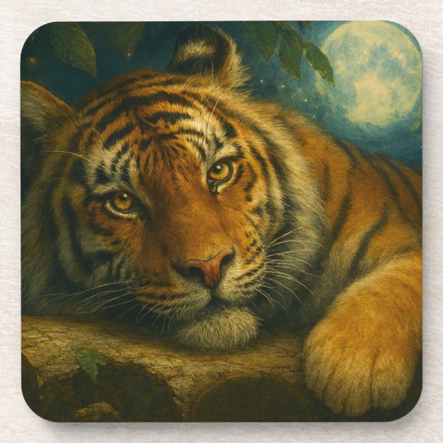 Watercolor Tiger Resting in Night Forest Coaster (Front)