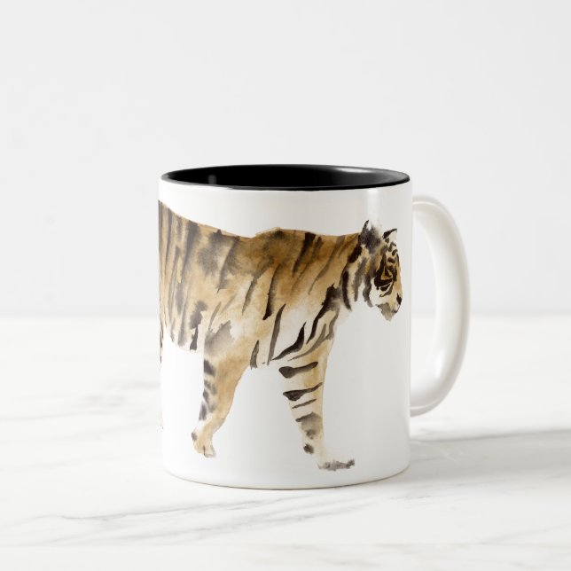 Watercolor Tiger Walking Two-Tone Coffee Mug (Front Right)