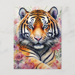 Watercolor Tiger With Flowers Floral Painting Postcard