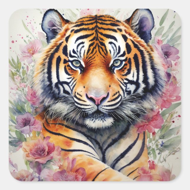 Watercolor Tiger With Flowers Floral Painting Square Sticker (Front)
