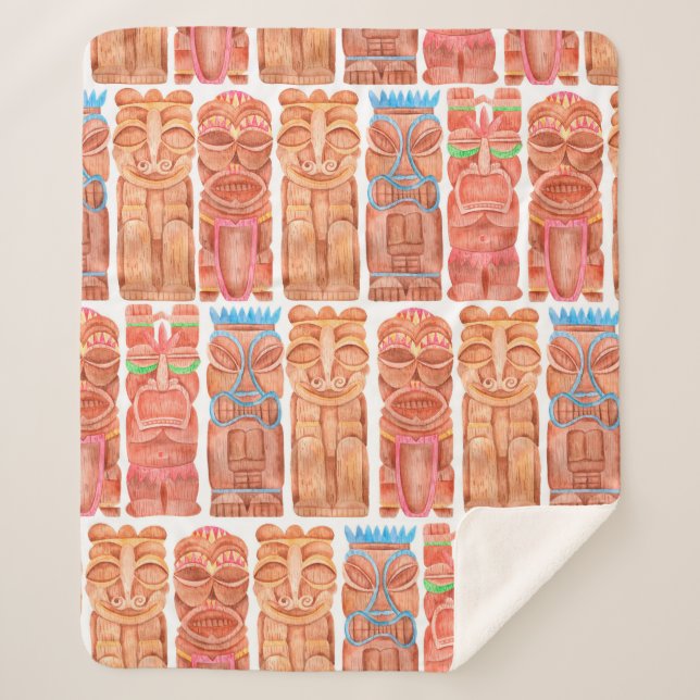Watercolor tiki hawaii totem seamless pattern sherpa blanket (Front)