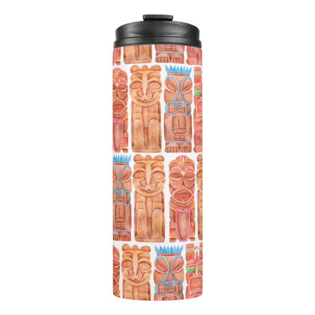 Watercolor tiki hawaii totem seamless pattern thermal tumbler (Front)