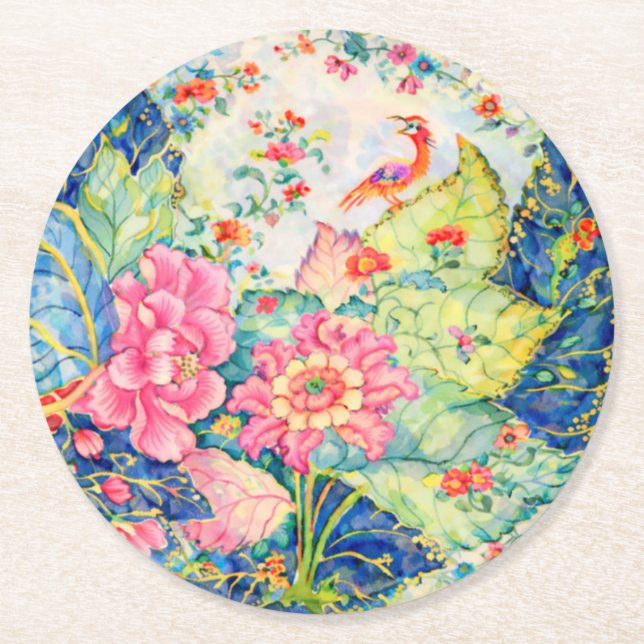Watercolor Tobacco Leaf China Inspired  Round Paper Coaster (Front)