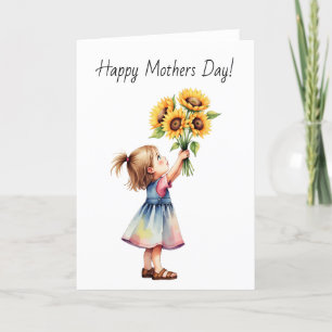 Watercolor Toddler Holding a Bouquet of Sunflowers Thank You Card