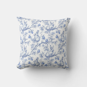 Watercolor Toile De Jouy Blue Easter Bunny Throw Pillow