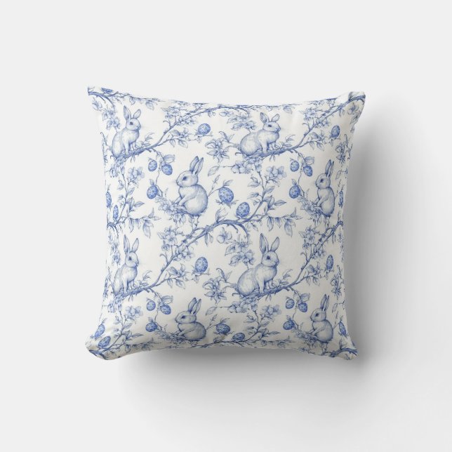 Watercolor Toile De Jouy Blue Easter Bunny Throw Pillow (Front)