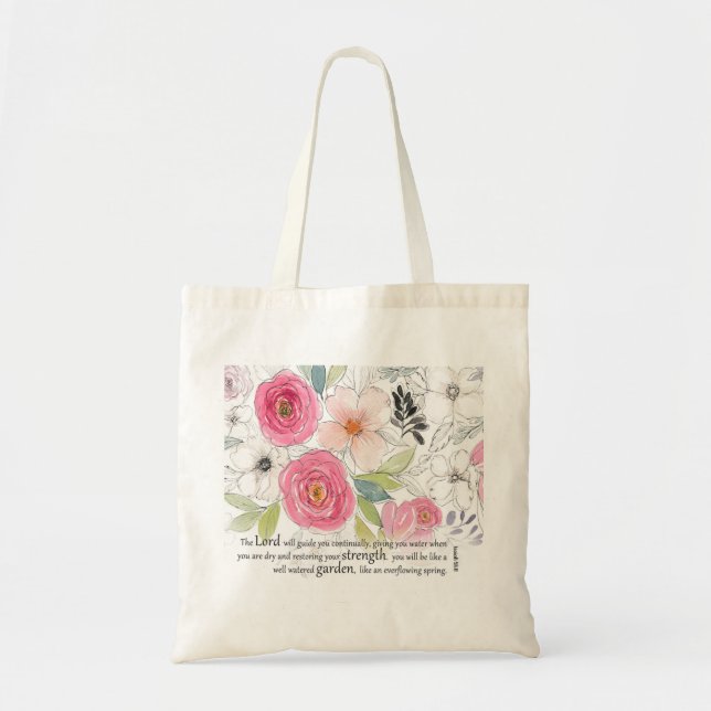 Watercolor Tote Bag with Scripture Isaiah 58:11 (Front)