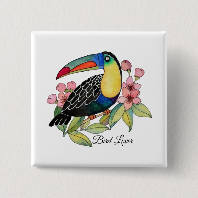 Watercolor Toucan Bird With Flowers 2 Inch Square Button (Front)