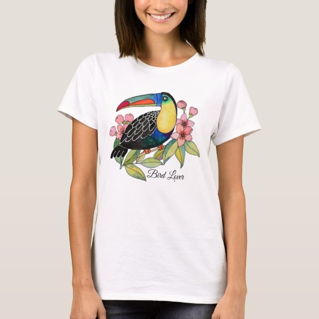 Watercolor Toucan Bird With Flowers T-Shirt (Front)