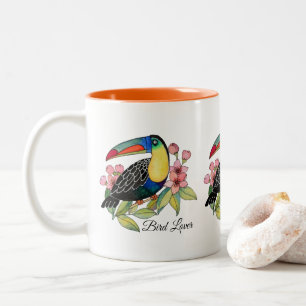 Watercolor Toucan Bird With Flowers Two-Tone Coffee Mug