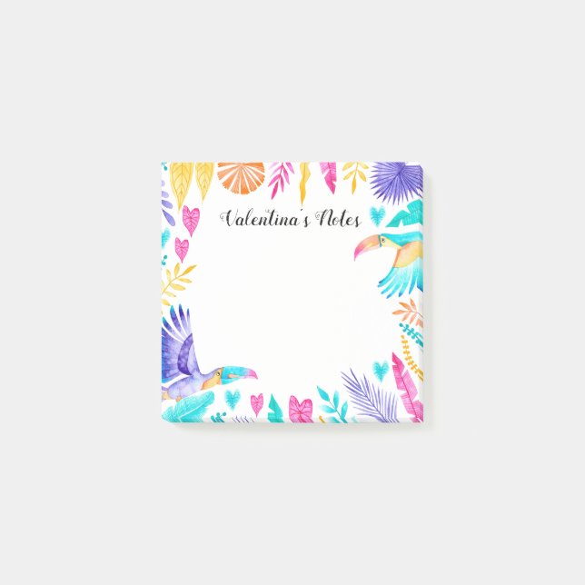 Watercolor Toucans and Tropical Leaves Post-it Notes (Front)
