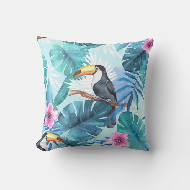 Watercolor Toucans: Tropical Seamless Throw Pillow (Front)