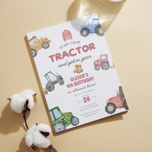 Watercolor tractor 4th birthday invitation