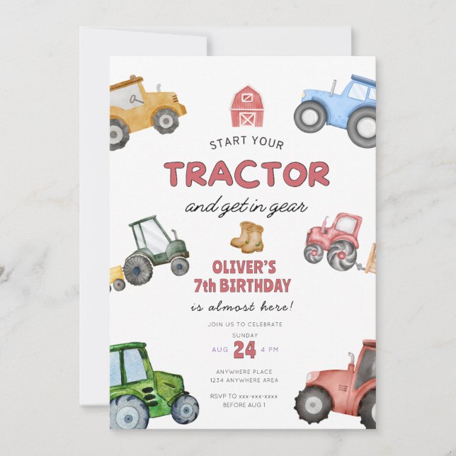 Watercolor tractor 7th birthday invitation (Front)