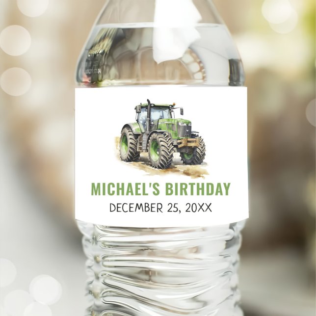 Watercolor Tractor Birthday Party Water Bottle Label (Creator Uploaded)