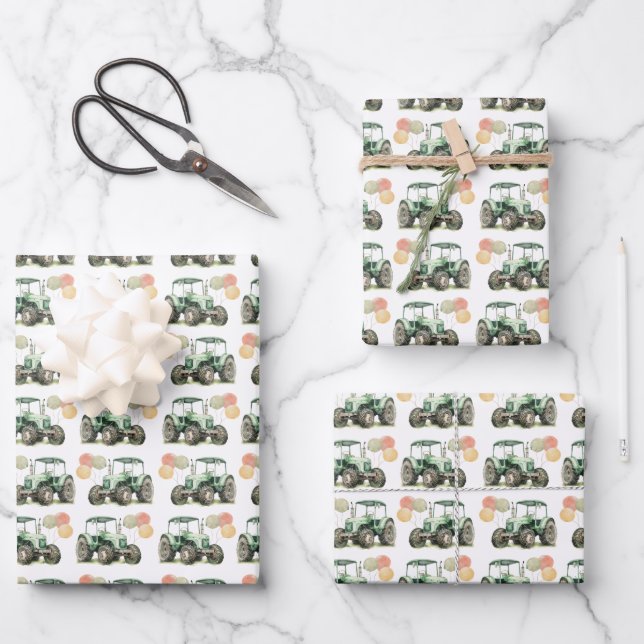 Watercolor Tractor Birthday Party Wrapping Paper Sheet (Front)