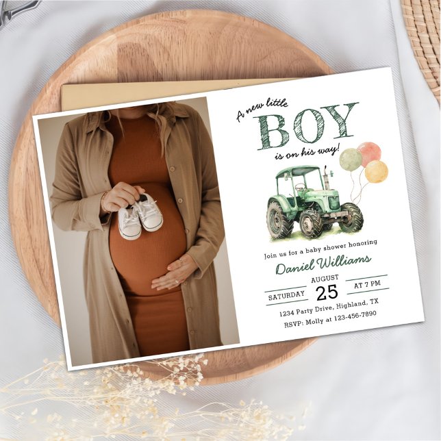 Watercolor Tractor Boy Baby Shower Photo Invitation (Creator Uploaded)