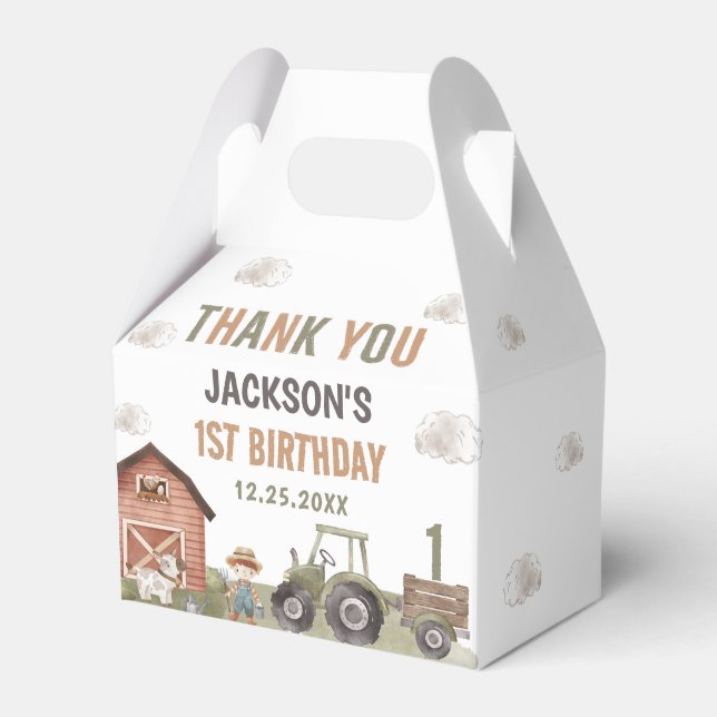 Watercolor Tractor Farm 1st Birthday  Favor Box (Front Side)