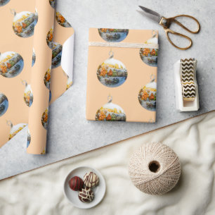  Watercolor Traditional Winter Village  Peach   Wrapping Paper