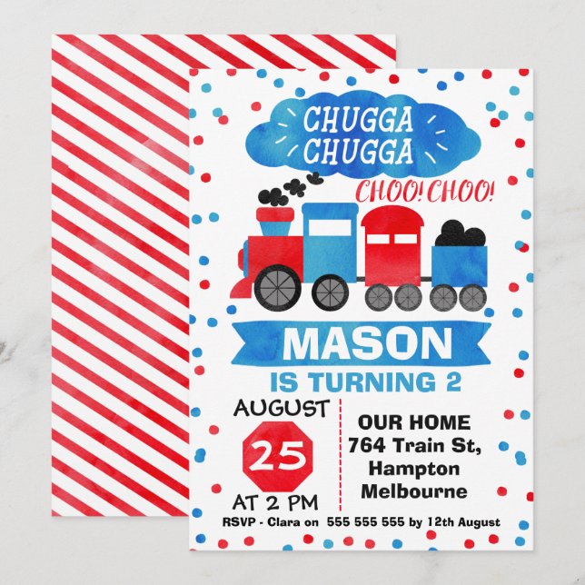 Watercolor Train Anniversaire Fête Invitation (Devant / Derrière)