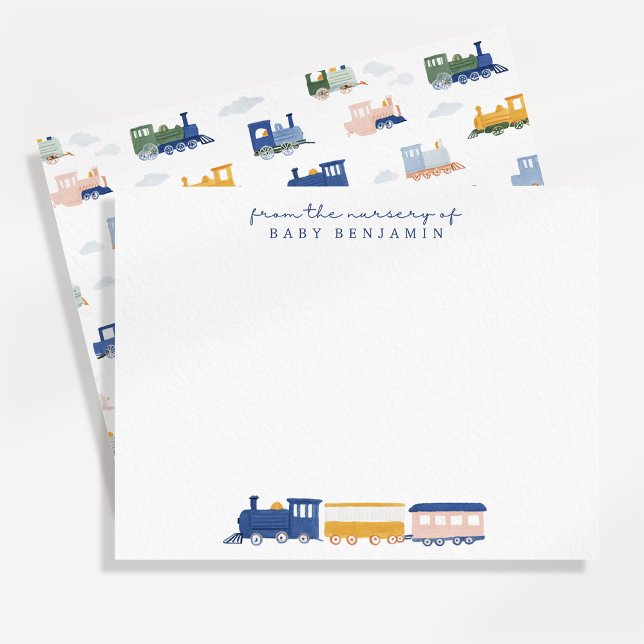 Watercolor Train Baby Boy Nursery Note Card (Creator Uploaded)