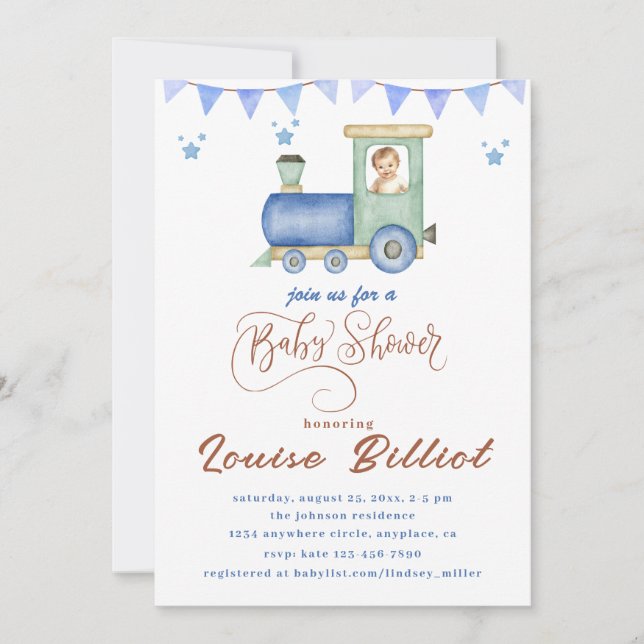 Watercolor Train Baby Shower Invitation (Front)