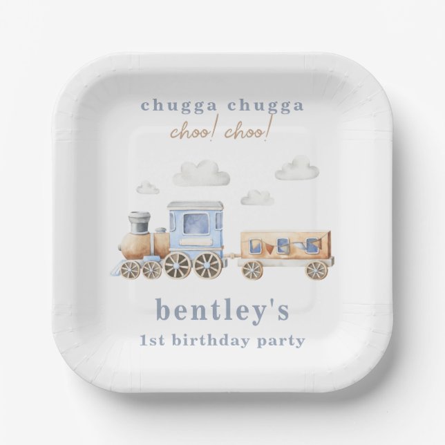 Watercolor Train Birthday Party Plates (Front)