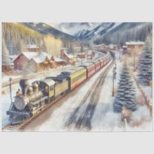 Watercolor Train in Winter with Snow Tissue Paper