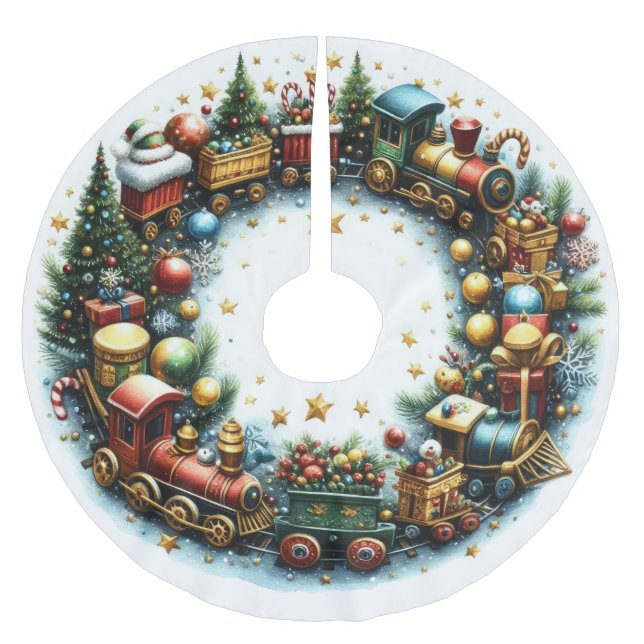 Watercolor Trains on White Christmas Brushed Polyester Tree Skirt (Front)