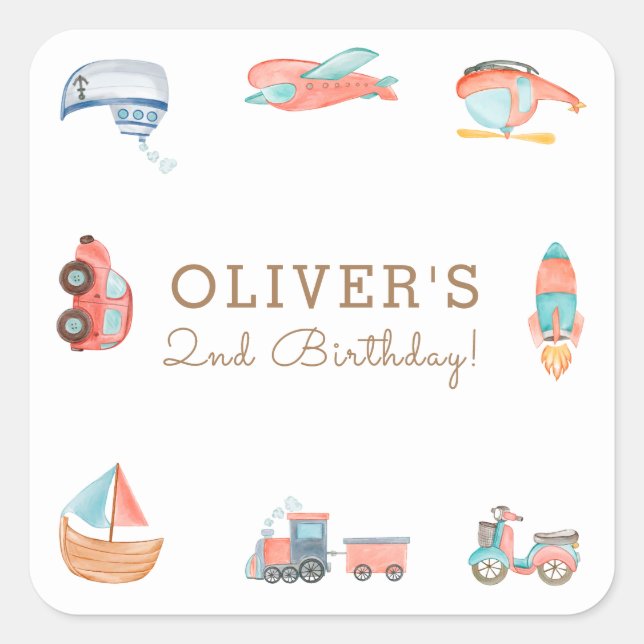 Watercolor Transportation Boy Birthday Party Square Sticker (Front)