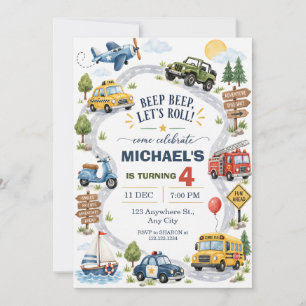 Watercolor Transportation Vehicles Birthday Invitation