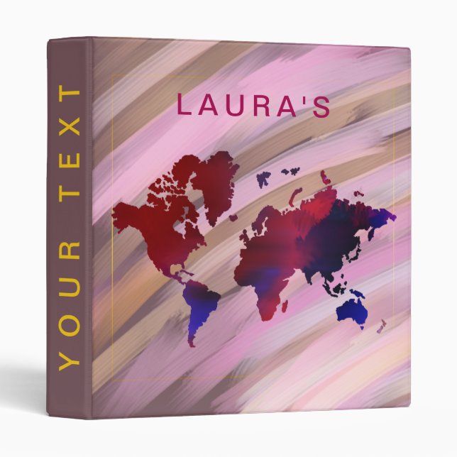 Watercolor Travel Adventure World Map Painted Pink Binder (Front/Spine)