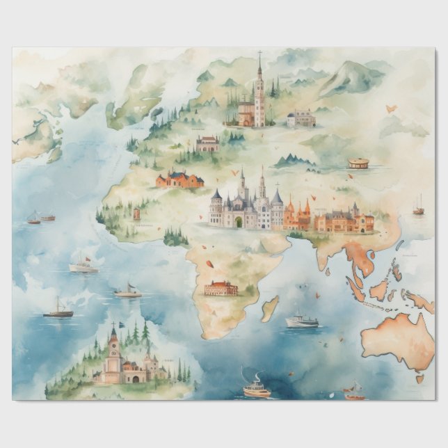 Watercolor Travel Map Wrapping Paper (Flat)