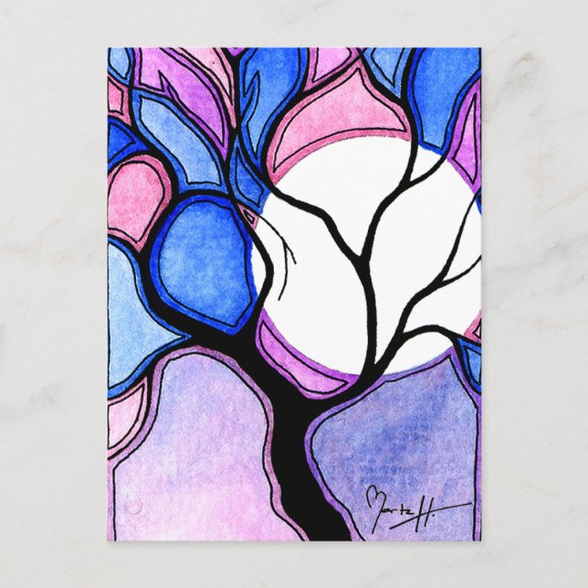 Watercolor Tree and Moon - Blue and Pink Postcard (Front)
