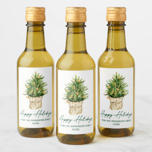 Watercolor Tree Calligraphy Ink Holiday Mini Wine Label