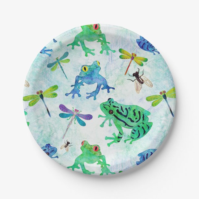 Watercolor Tree Frogs Dragonfly Nature Paper Plate (Front)